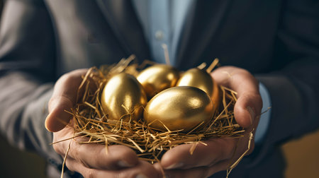 Businessman holding golden goose eggs in straw, Income and return on investment. profit, capital gain, dividend, yield, interest return from investing, value investor conceptの素材