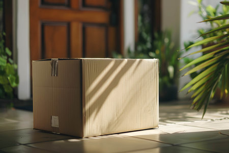 A cardboard box is placed in front of the door, the increasing popularity of online ordering and the convenience and speed of product deliveryの素材