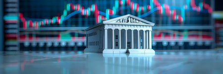 Bank model on table and stock chart or financial data background, use of fiscal policy by central banks and the increase in interest ratesの素材