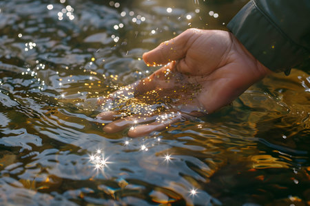 Hand of a prospector panning for gold in a river or water, discovery of gold and the increasing demand for goldの素材