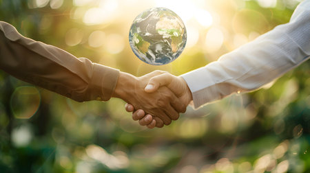 A handshake between two individuals, doing business that places importance on environmental conservation and taking care of the worldの素材