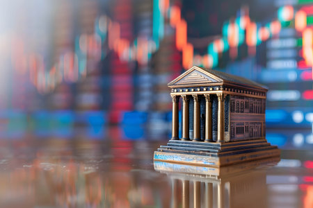 Bank model on table and stock chart or financial data background, use of fiscal policy by central banks and the increase in interest ratesの素材