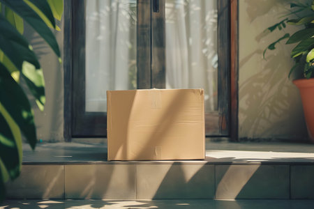 A cardboard box is placed in front of the door, the increasing popularity of online ordering and the convenience and speed of product deliveryの素材