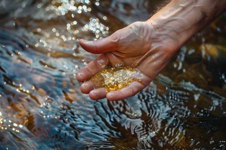 Hand of a prospector panning for gold in a river or water, discovery of gold and the increasing demand for goldの素材