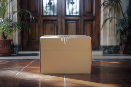 A cardboard box is placed in front of the door, the increasing popularity of online ordering and the convenience and speed of product deliveryの素材