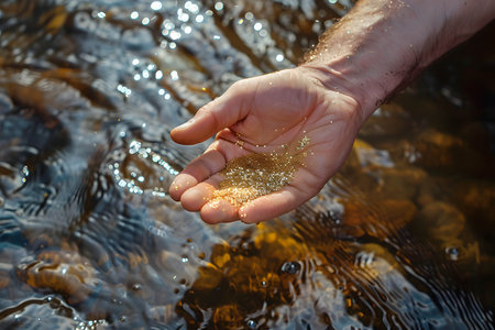 Hand of a prospector panning for gold in a river or water, discovery of gold and the increasing demand for goldの素材