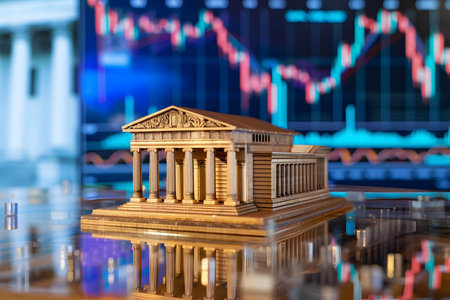 Bank model on table and stock chart or financial data background, use of fiscal policy by central banks and the increase in interest ratesの素材