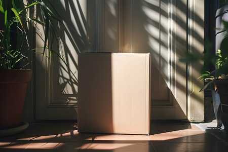 A cardboard box is placed in front of the door, the increasing popularity of online ordering and the convenience and speed of product deliveryの素材