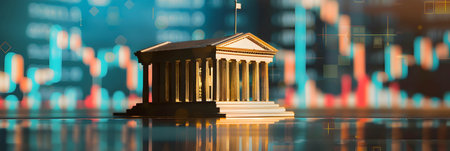 Bank model on table and stock chart or financial data background, use of fiscal policy by central banks and the increase in interest ratesの素材