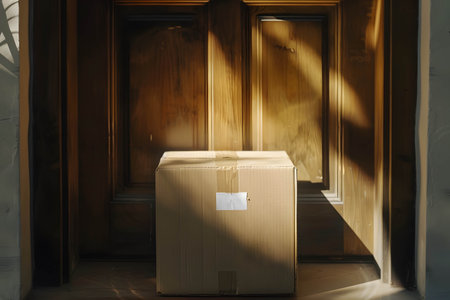 A cardboard box is placed in front of the door, the increasing popularity of online ordering and the convenience and speed of product deliveryの素材