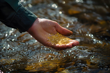 Hand of a prospector panning for gold in a river or water, discovery of gold and the increasing demand for goldの素材