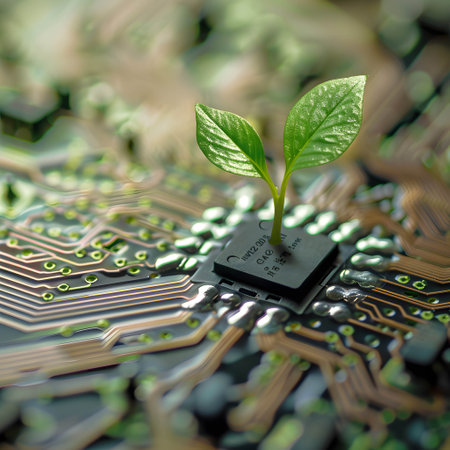 Green plant growing on computer circuit board, safe and environmentally friendly technologyの素材