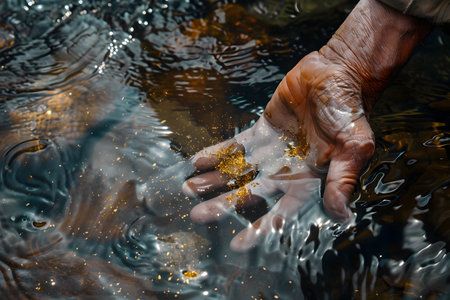 Hand of a prospector panning for gold in a river or water, discovery of gold and the increasing demand for goldの素材