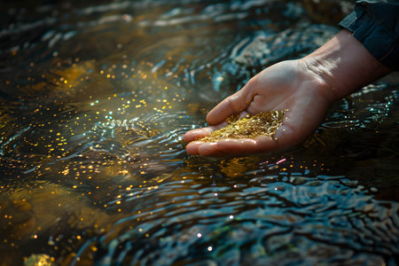 Hand of a prospector panning for gold in a river or water, discovery of gold and the increasing demand for goldの素材