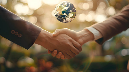 A handshake between two individuals, doing business that places importance on environmental conservation and taking care of the worldの素材