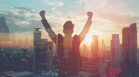 Back view of happy businessman raise hands in a silhouette double exposure. in the background is city view, success from working and following the planの素材