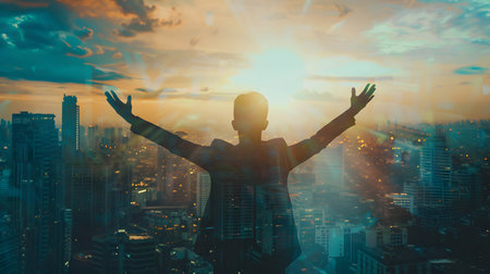 Back view of happy businessman raise hands in a silhouette double exposure. in the background is city view, success from working and following the planの素材