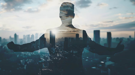 Back view of happy businessman raise hands in a silhouette double exposure. in the background is city view, success from working and following the planの素材
