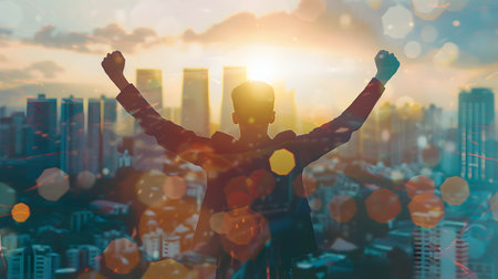 Back view of happy businessman raise hands in a silhouette double exposure. in the background is city view, success from working and following the planの素材