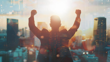 Back view of happy businessman raise hands in a silhouette double exposure. in the background is city view, success from working and following the planの素材