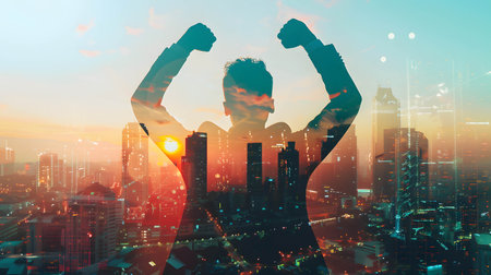 Back view of happy businessman raise hands in a silhouette double exposure. in the background is city view, success from working and following the planの素材