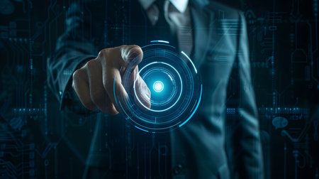 Business and investment decisions, planning and determining business strategies, businessman behind and pointing with blue lightの素材