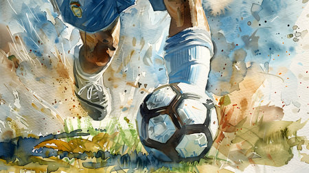 Water color of close up foot of a soccer player kicking a ballの素材