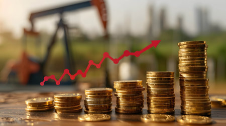 Gold coins stack and oil pump in stock chart or graph background, business growth or financial trends in the Oil & Gas industry, demand and supply in oil marketの素材