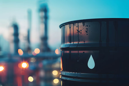 Black barrel of oil with oil drop icon, blurred oil industry background, demand and supply in oil marketの素材