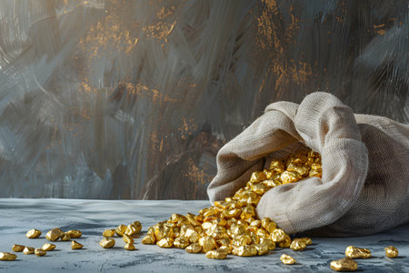 Overturned sack of gold on the table, the discovery and increasing demand for gold, one of the world's most traded commodities and is vital to the economyの素材