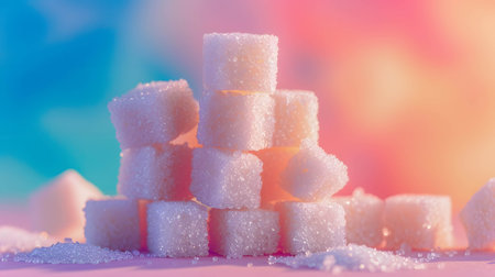 A stack of sugar cubes against a colorful background, one of the most traded commodities in demand around the world, demand and supply on sugar conceptの素材