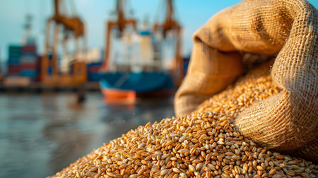 Sack of wheat on shipping port background, international wheat trading, import and export productの素材