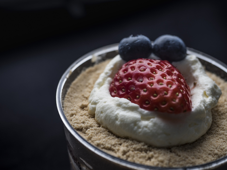 Strawberry cake in a cup close up viewの写真素材