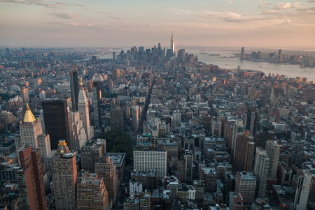 Manhattan aerial view at dusk with colorfulskyの写真素材