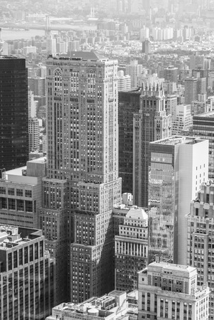 Historic brick Manhattan skyscraper in black and whiteの写真素材