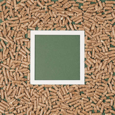 Wooden pellet with square frame on a green background. Ecology, energy minimal flat lay.