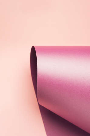 Purple pink shiny paper rolled over the pastel pink background. Harmony and serenity minimal conceptの写真素材