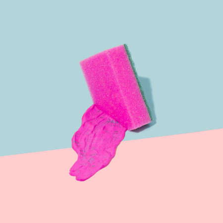 Violet sponge melting with acrylic paint flowing on a two tone pastel background. Immersive reality...