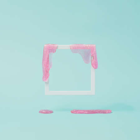 Pink slime dripping off of white frame on a pastel blue background. Retro future minimal backdrop.の写真素材