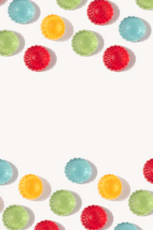 Spring flowers soft candy with copy space  on a bright white background. Floral springtime pattern.の写真素材