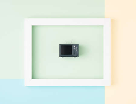 Retro TV set inside white rectangle frame on a pastel background. Media, propaganda conceptual...