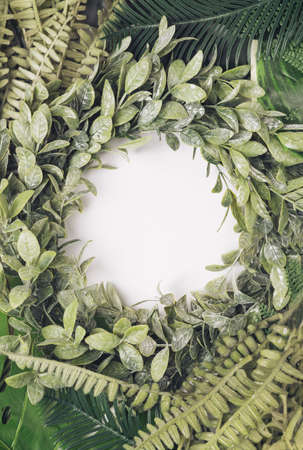 Leaves and plants arranged with empty circle inside. Vegetation, natural background.の写真素材