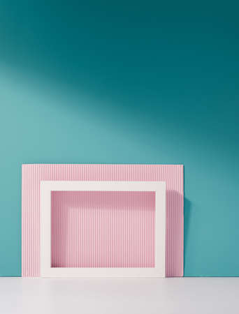 White frame against geometric abstract background. Still life minimal template