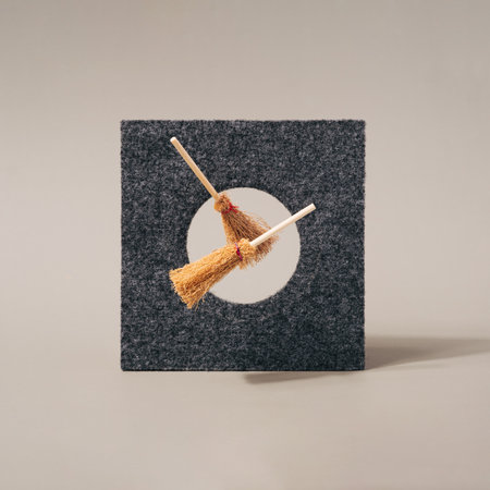 Vintage witch brooms floating against the felt frame. Halloween modern background.の写真素材