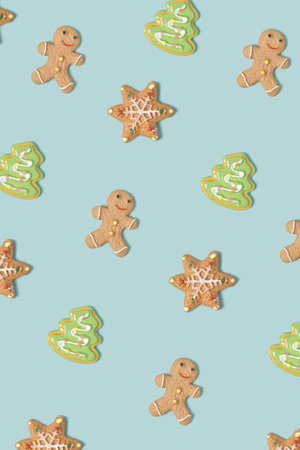 Christmas traditional gingerbread cookies pattern. Holiday spirit pastel template.