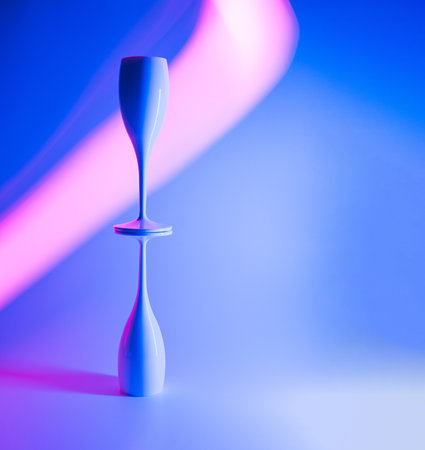 Two champagne glasses stacked against neon background. New Year's Eve celebration cyberpunk concept.の写真素材