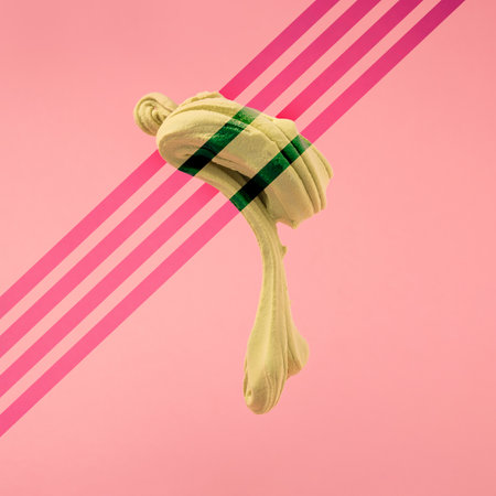 Neon green soft clay abstract shape. Pastel pink background, illustration stripes. Glitch art, Y2Kの写真素材