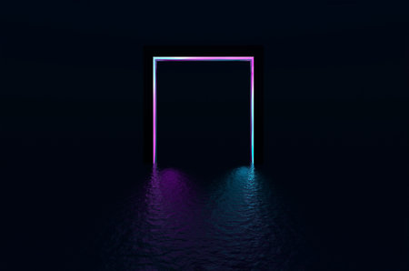 Neon portal reflecting in the liquid surface. Cyberpunk dark 3D renderingの写真素材