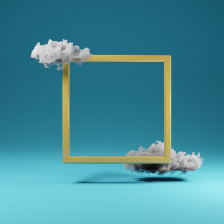 Yellow square frame floating above gradient blue background. Clouds copy space surreal template. 3D renderの写真素材