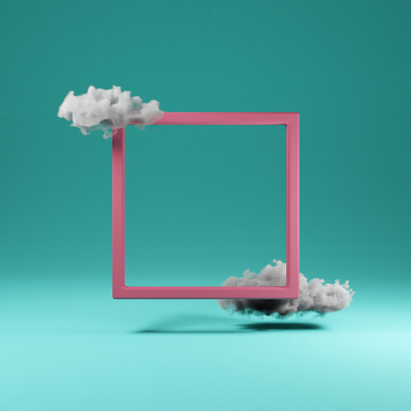 Square frame in pink floating with clouds. 3D render abstract background.の写真素材